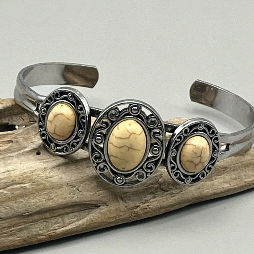 Silver and Cream Stone Cuff Bracelet